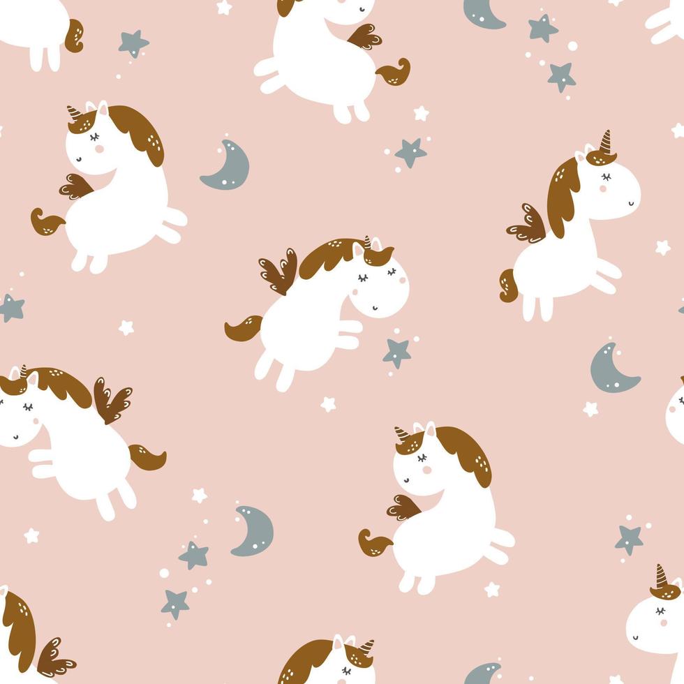 Seamless childish pattern with unicorn and moon. Cute vector texture for kids bedding, fabric, wallpaper, wrapping paper, textile, t-shirt print.