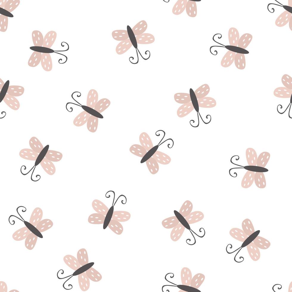 Seamless pattern with cute butterflies, flying insects. Simple naive vector illustration for textile print, wallpaper, wrapping paper.