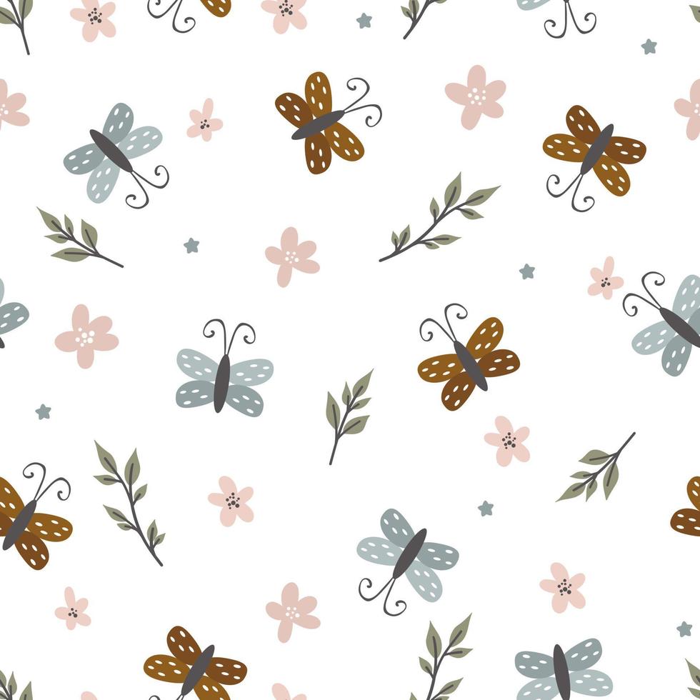 Seamless pattern with cute butterflies, flying insects. Simple naive vector illustration for textile print, wallpaper, wrapping paper.