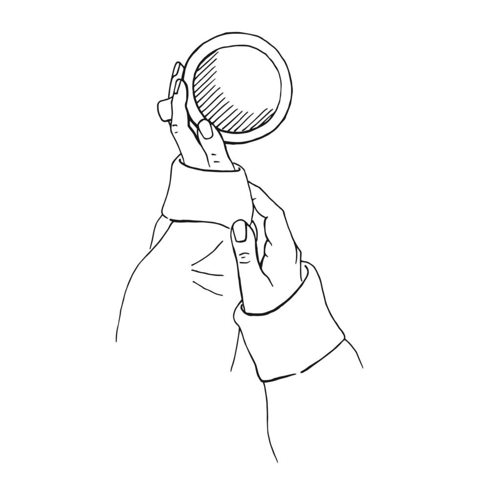 Hand drawn sketch of hands holding a cup of coffee, tea etc. Vector illustration isolated on white background.