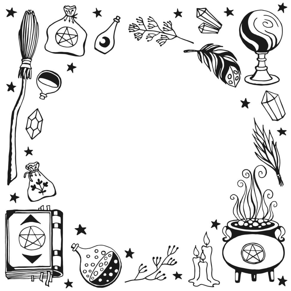 Witchcraft, magic background for witches and wizards. Hand drawn magic tools, concept of witchcraft. vector