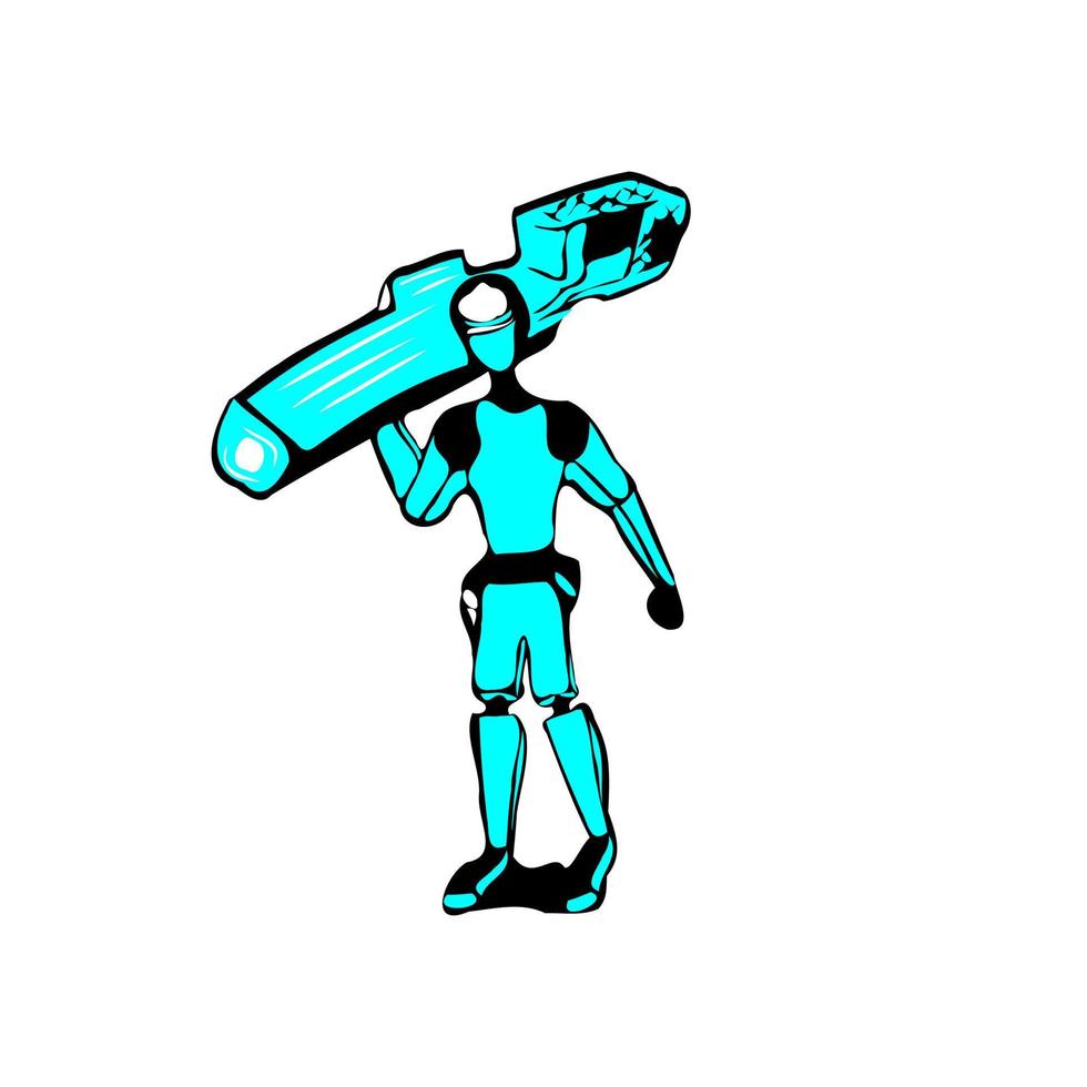 Robot character standing hold bazooka vector