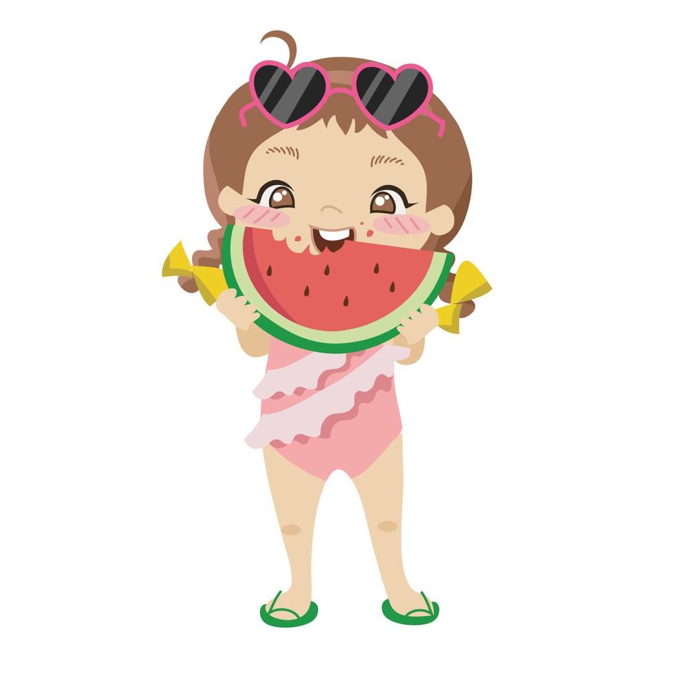 Cute little girl wearing summer swimsuit and sunglasses while eating watermelon on white background for kids fashion artworks, children books, birthday invitations, greeting cards, posters. vector