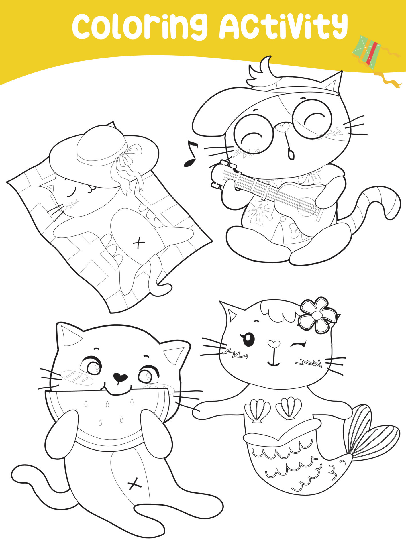 Colouring page with summer theme. Cute kawaii cats with summer