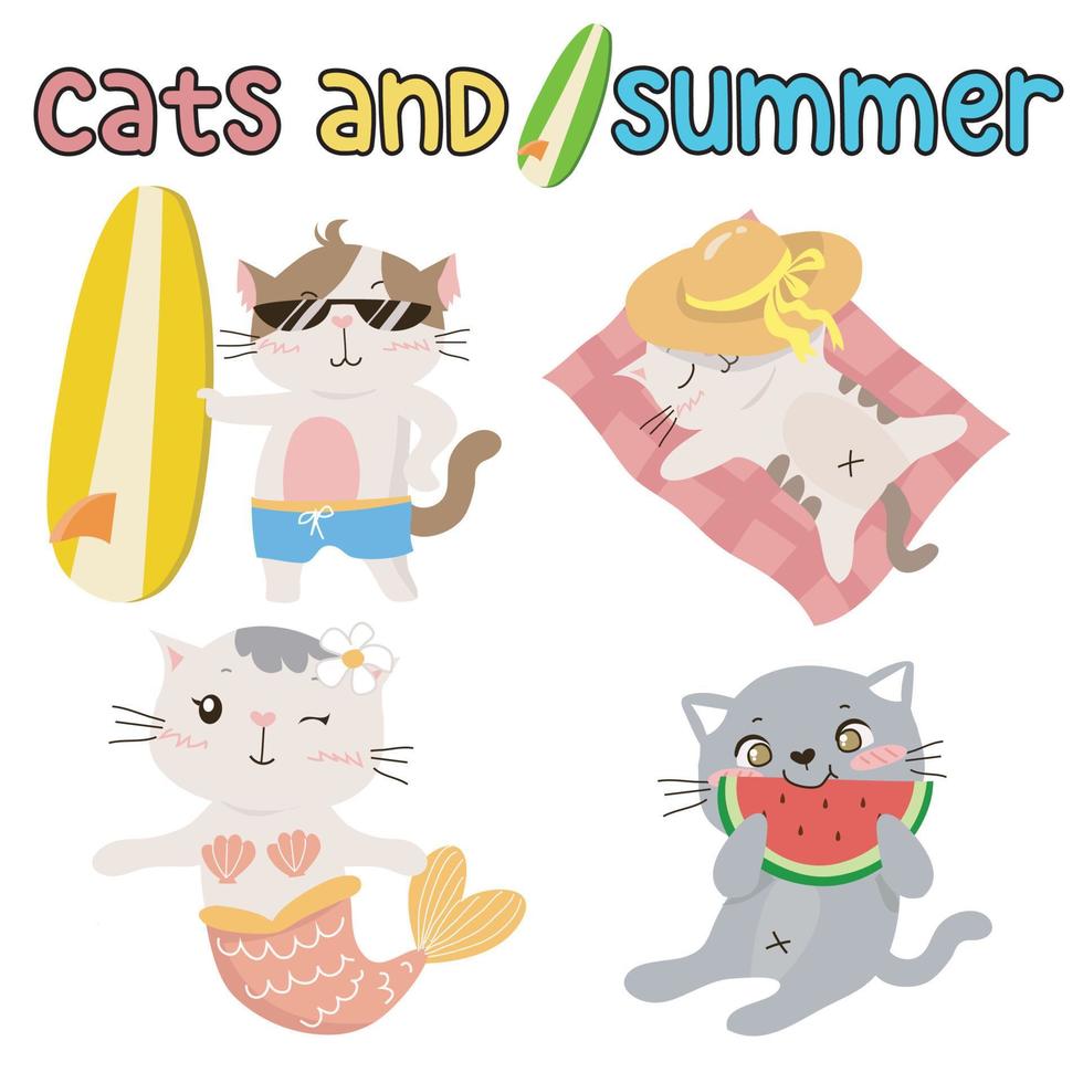 Set of cute adorable cats and summer activities on a white background for kids fashion artworks, children books, birthday invitations, greeting cards, posters. Fantasy cartoon vector illustration.