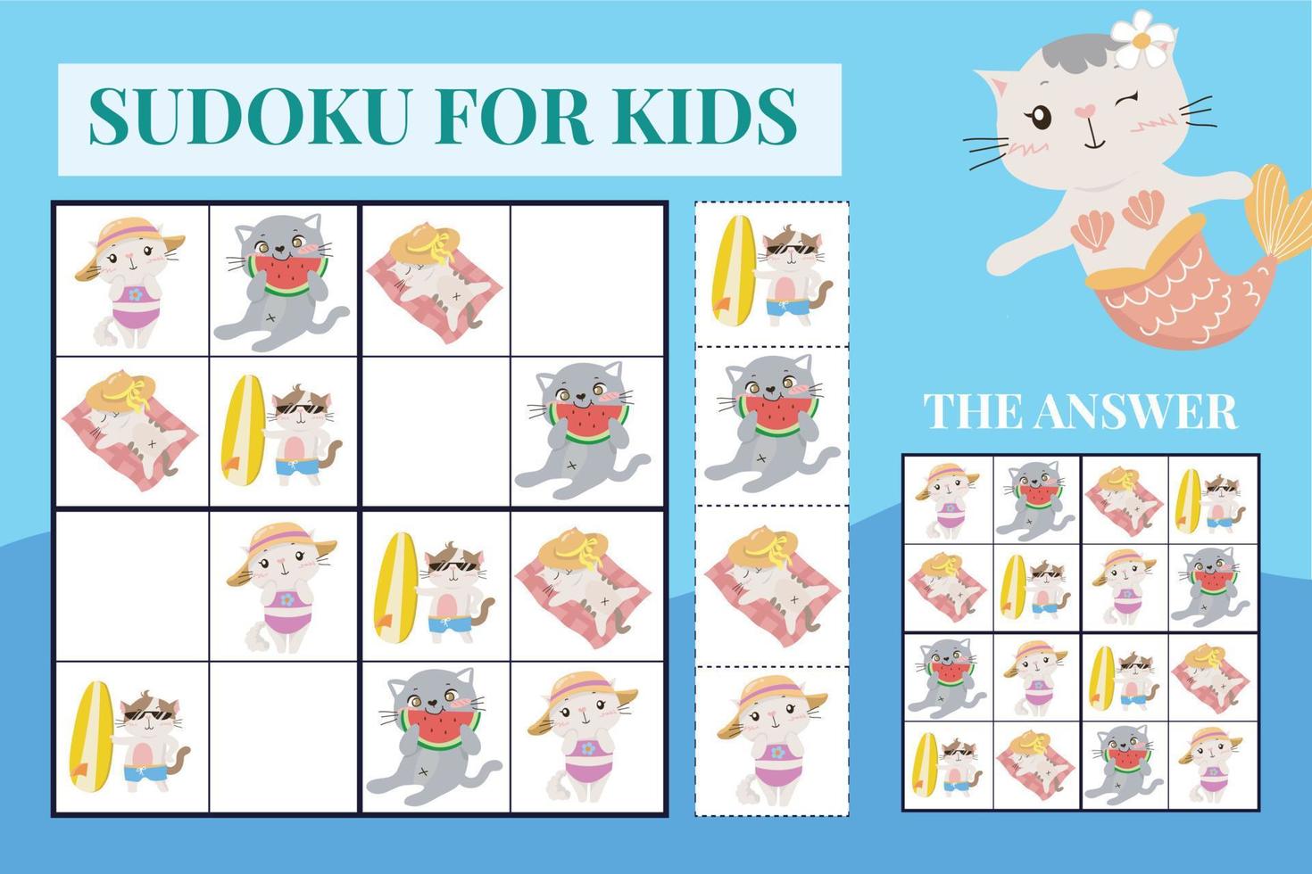 Sudoku sheet for kids. Education worksheet for children. Printable puzzle game for preschool.  Cute cats theme. Vector file.