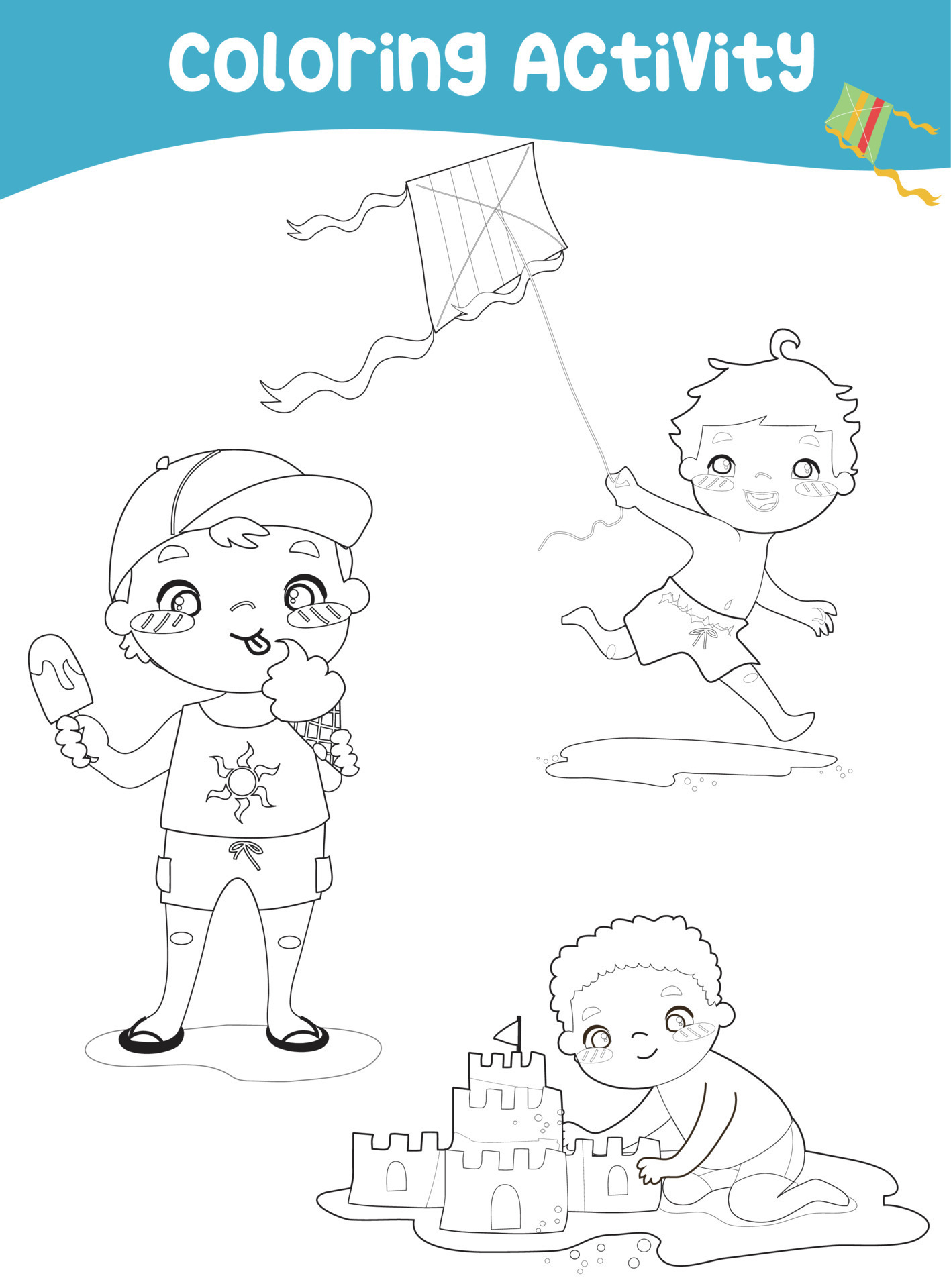 colouring-page-with-summer-theme-kids-with-summer-activities-coloring