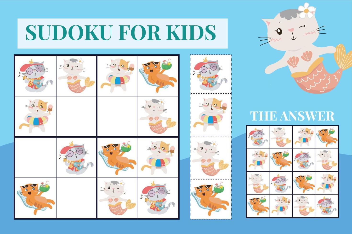 Sudoku sheet for kids. Education worksheet for children. Printable puzzle game for preschool.  Cute cats theme. Vector file.