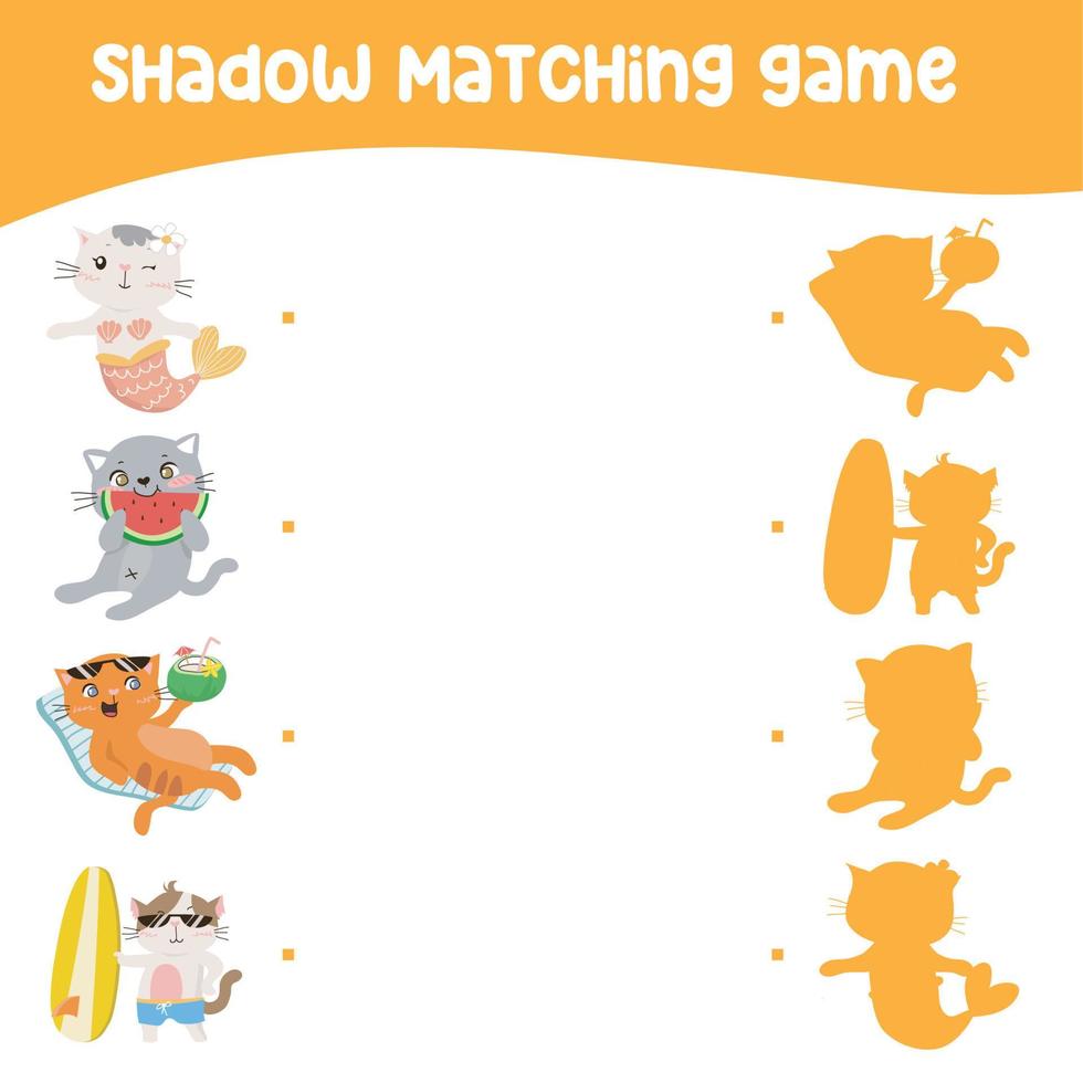 Matching shadow game for children. Find the correct shadow. Matching cats with shadows. Educational printable worksheet. Vector illustration.
