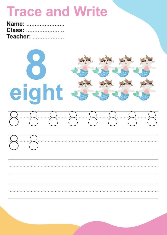 Trace and write number for children. Exercise for children to recognize the number. Educational worksheet for preschool. Vector file.