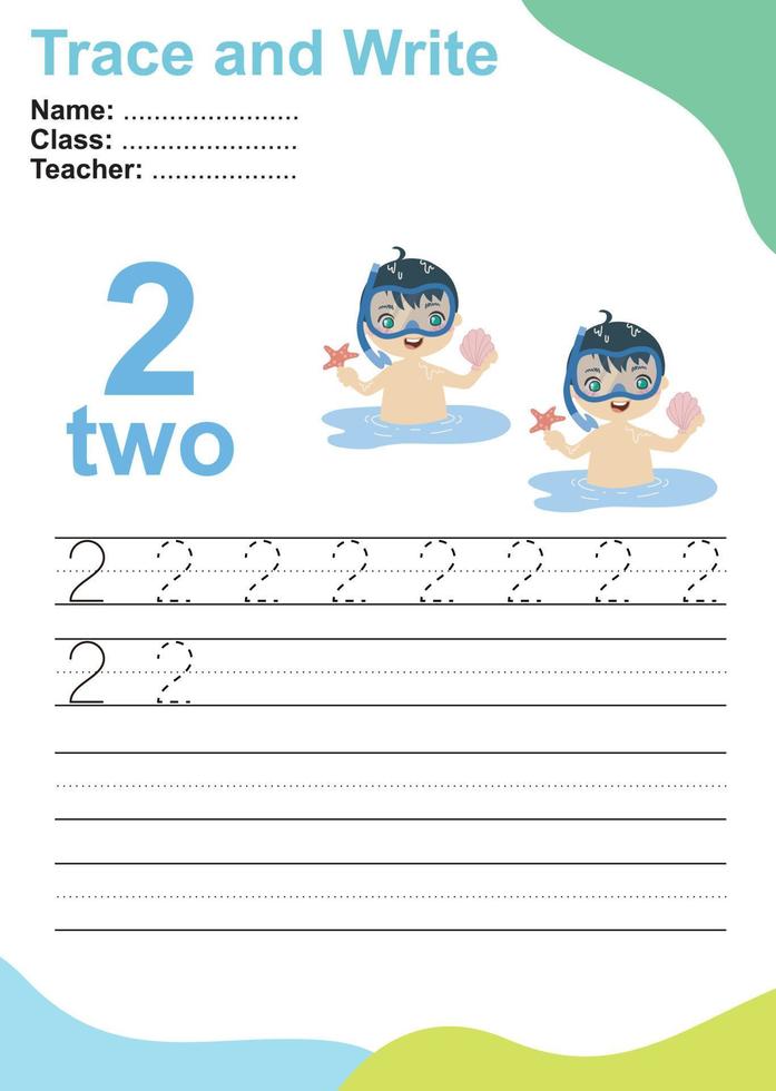 Trace and write number for children. Exercise for children to recognize the number. Educational worksheet for preschool. Vector file.