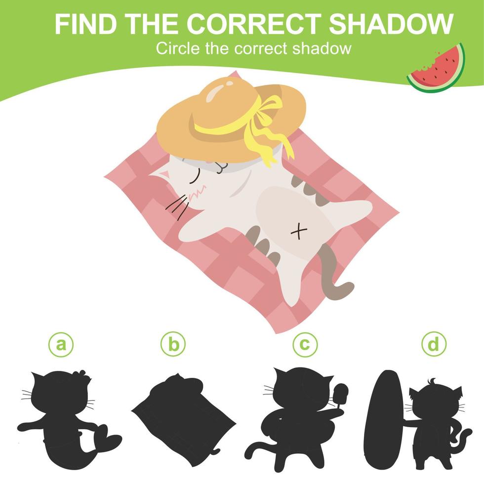 Find the correct shadow. Matching shadow game for children. Worksheet for kid. Educational printable worksheet. Vector illustration.