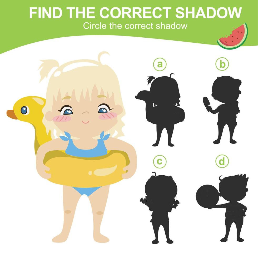 Find the correct shadow. Matching shadow game for children. Worksheet for kid. Educational printable worksheet. Vector illustration.