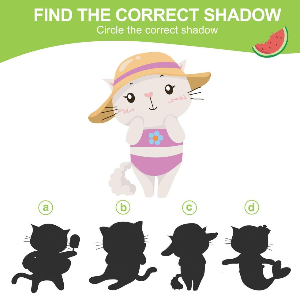Find the correct shadow. Matching shadow game for children. Worksheet for kid. Educational printable worksheet. Vector illustration.