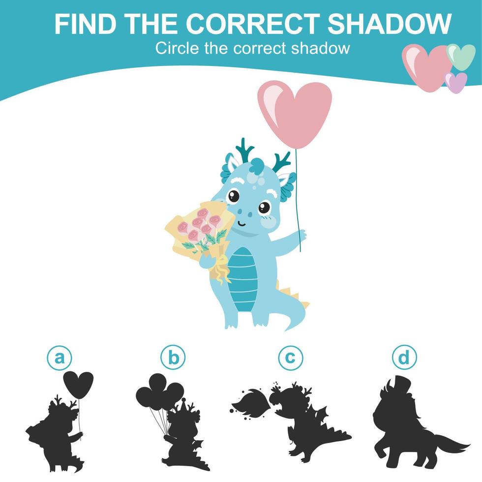 Find the correct shadow. Matching shadow game for children. Worksheet for kid. Educational printable worksheet. Vector illustration.