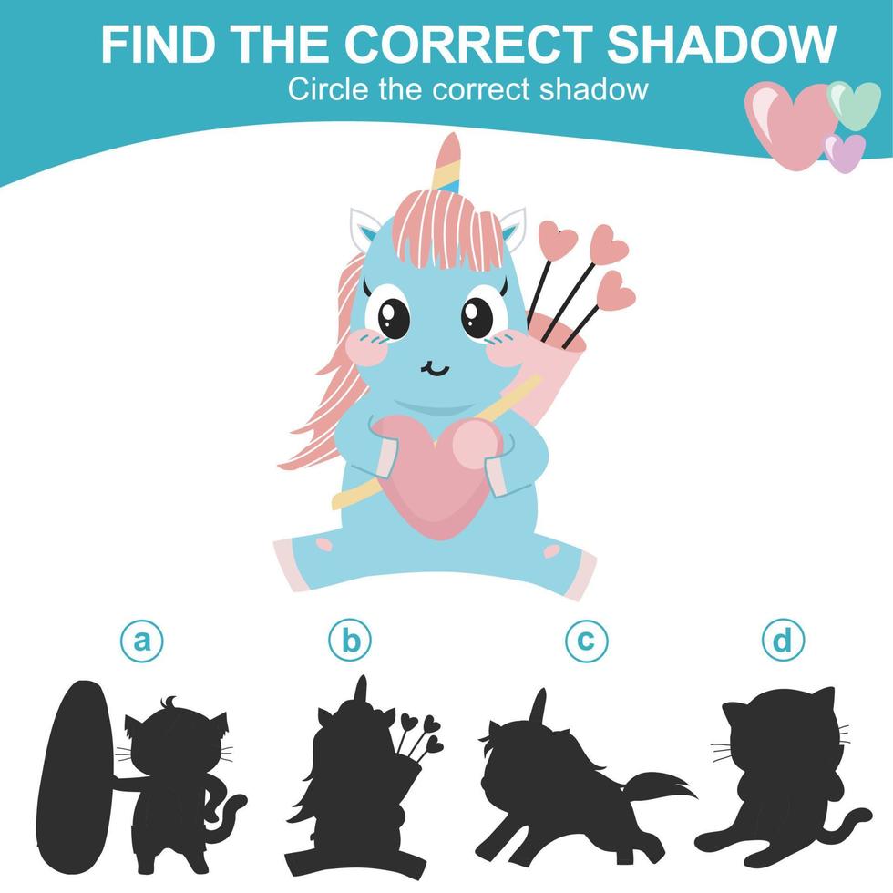 Find the correct shadow. Matching shadow game for children. Worksheet for kid. Educational printable worksheet. Vector illustration.