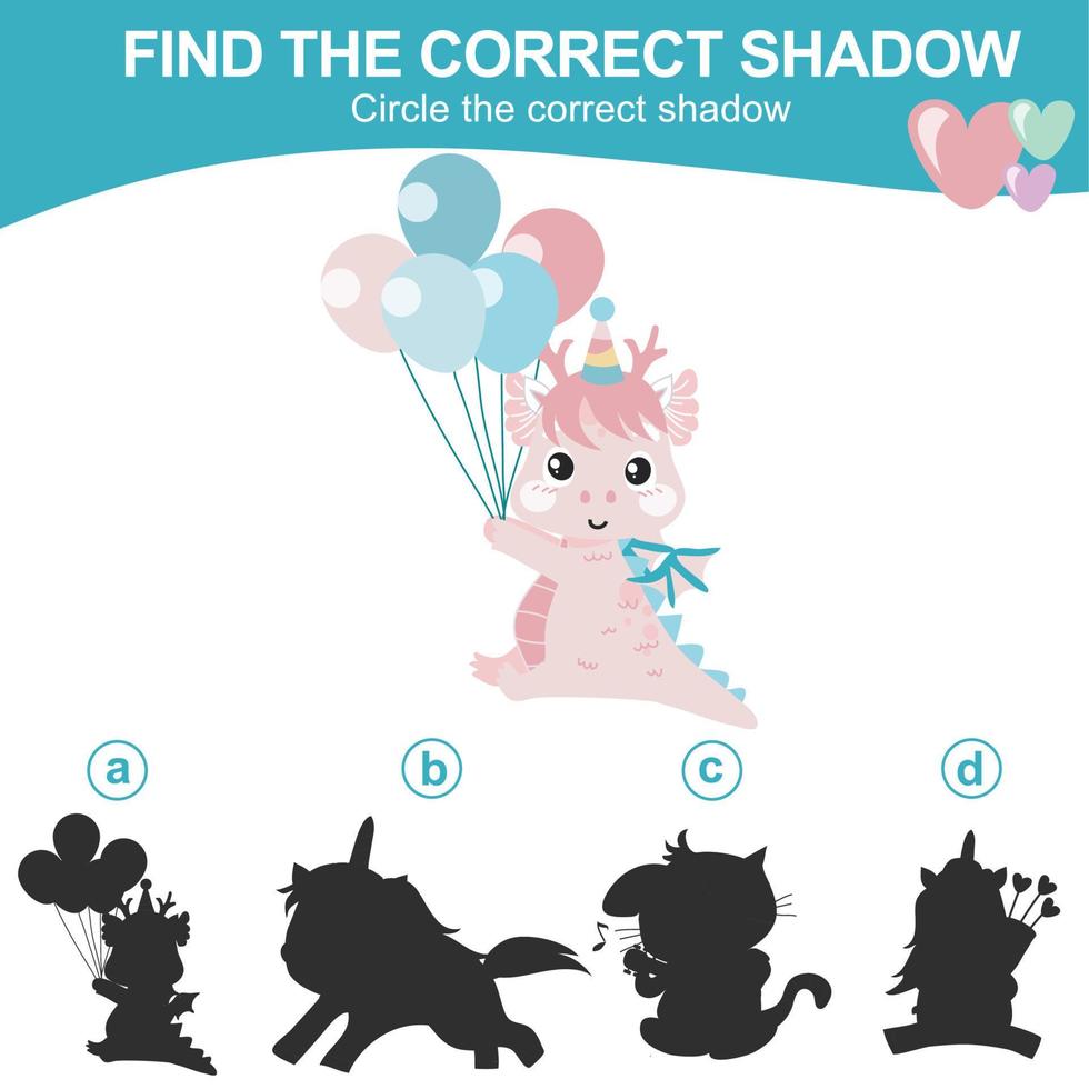 Find the correct shadow. Matching shadow game for children. Worksheet for kid. Educational printable worksheet. Vector illustration.