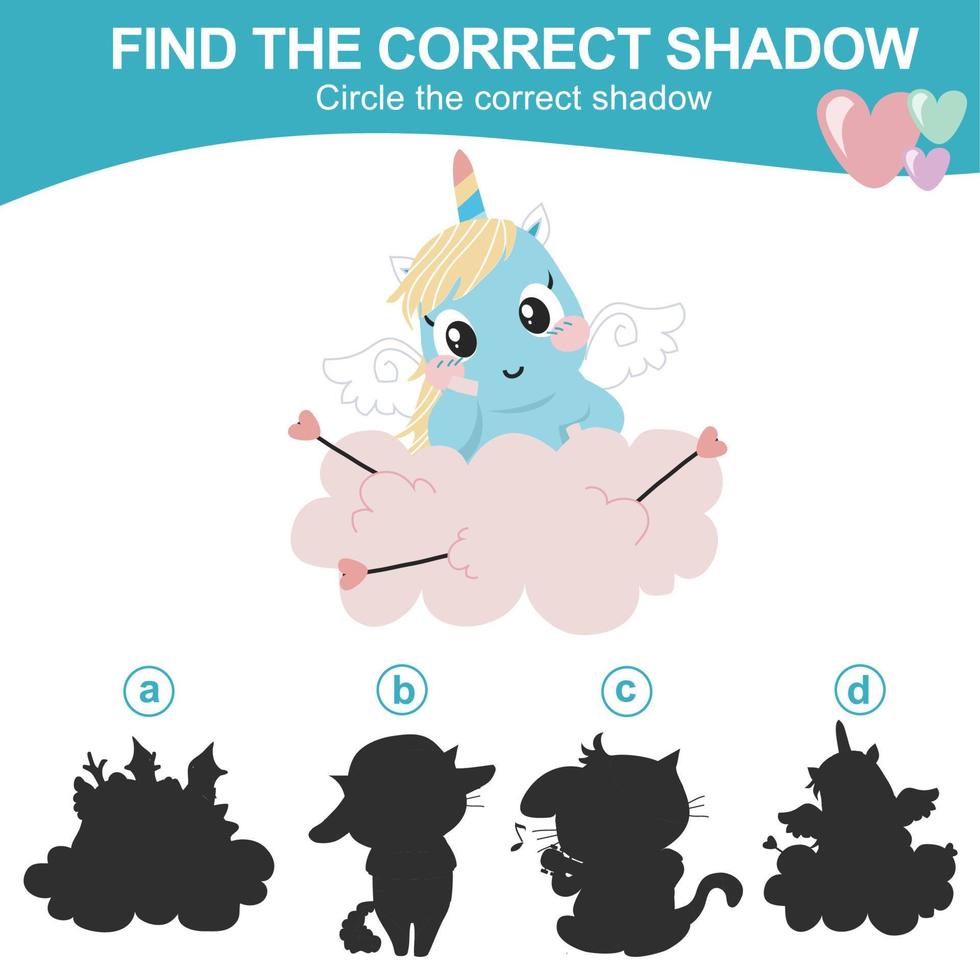 Find the correct shadow. Matching shadow game for children. Worksheet for kid. Educational printable worksheet. Vector illustration.