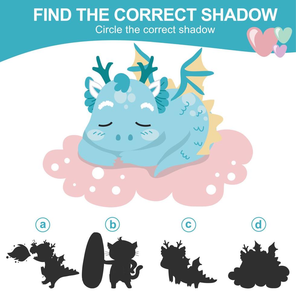 Find the correct shadow. Matching shadow game for children. Worksheet for kid. Educational printable worksheet. Vector illustration.