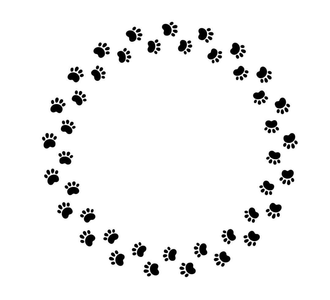 Dog paw print circle frame. Cute cat pawprint frame. Pet foot trail border. Black dog step silhouette. Simple doodle drawing. Vector illustration isolated on white background