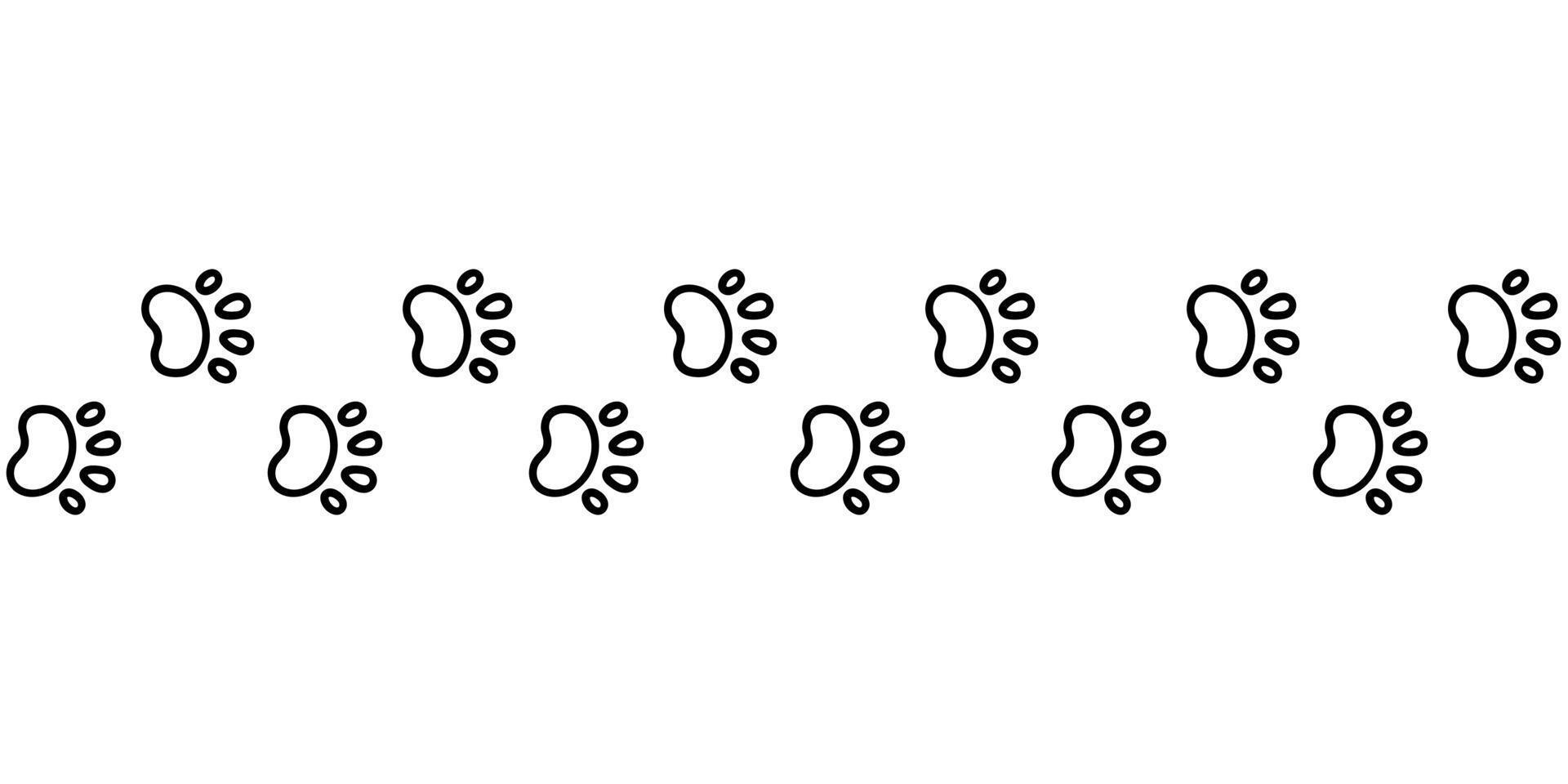 Dog paw print seamless line. Cute cat pawprint. Pet foot trail. Black dog step silhouette. Simple doodle drawing. Vector illustration isolated on white background