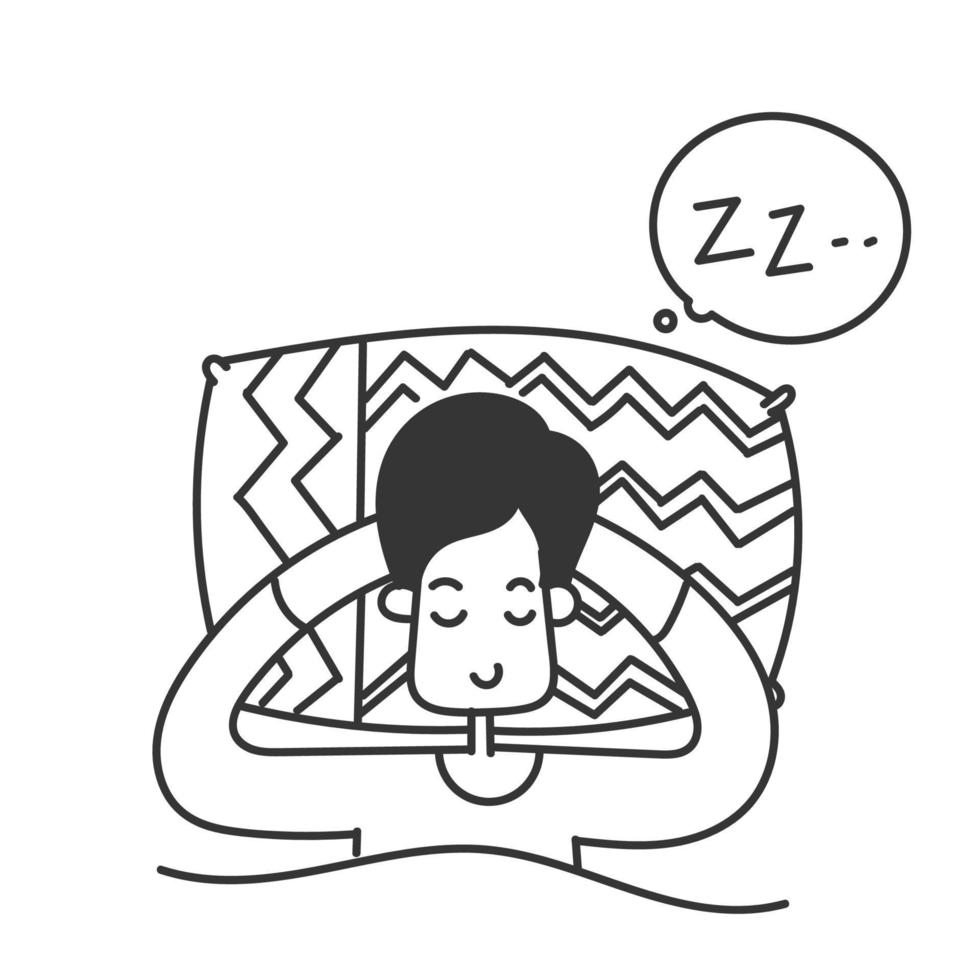 hand drawn doodle person sleep on pillow under blanket illustration vector