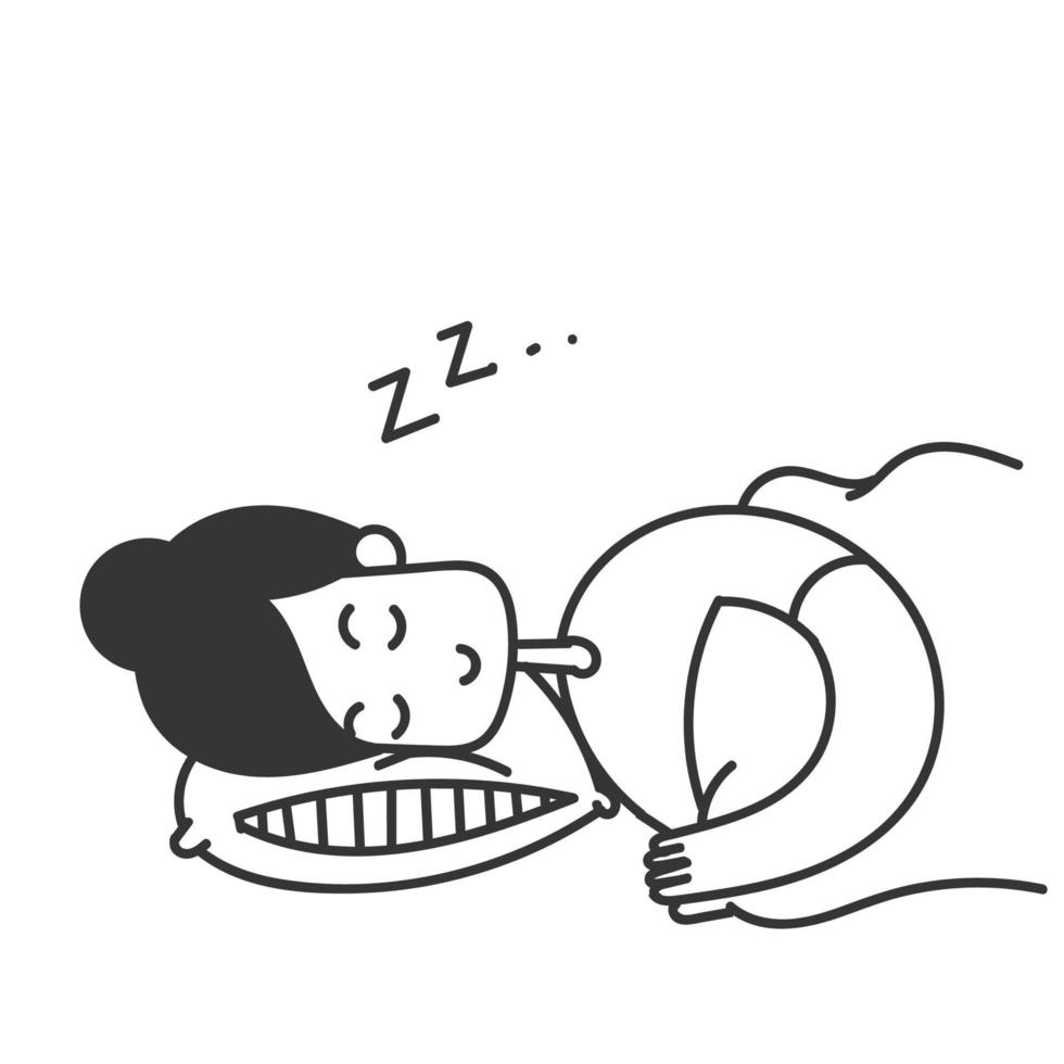 hand drawn doodle person sleep on pillow under blanket illustration vector