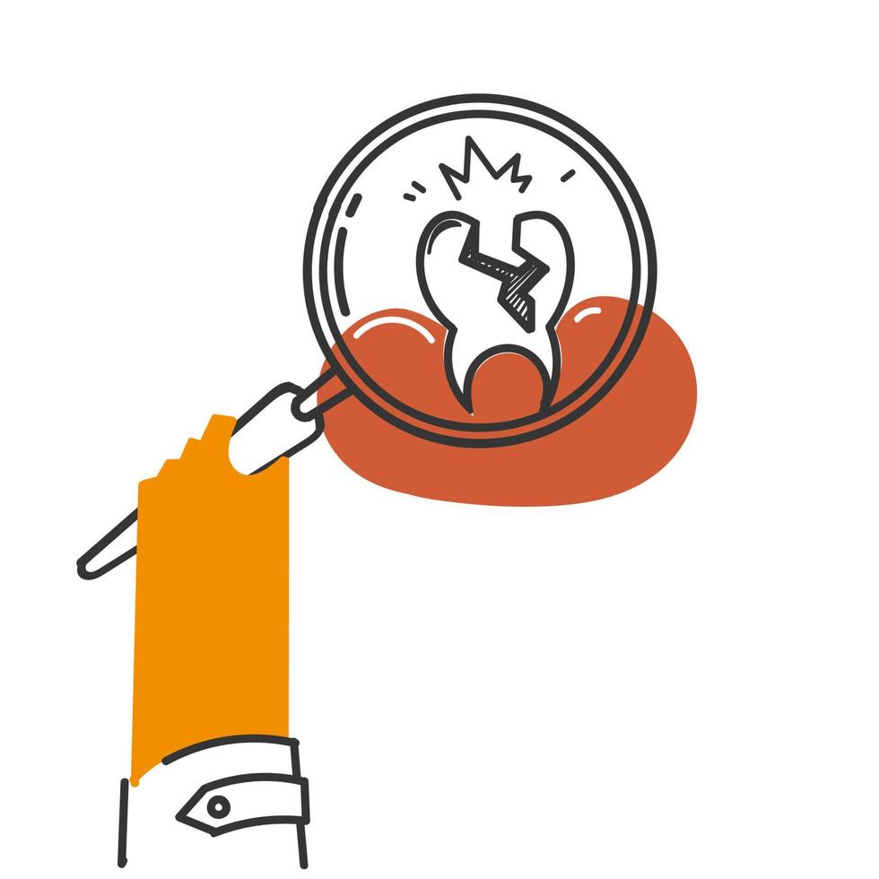 hand drawn doodle dentist look at cavity tooth with magnifying glass illustration vector