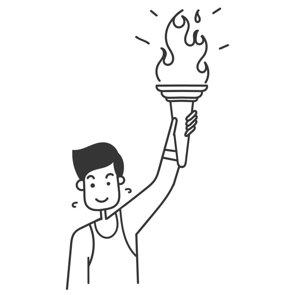 hand drawn doodle person holding torch stick with burning flame vector