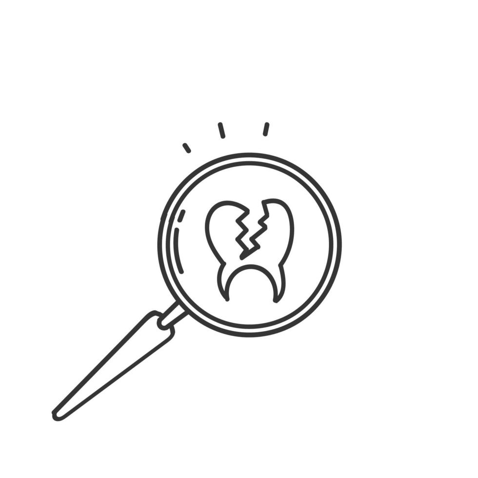 hand drawn doodle cavity tooth with magnifying glass illustration vector