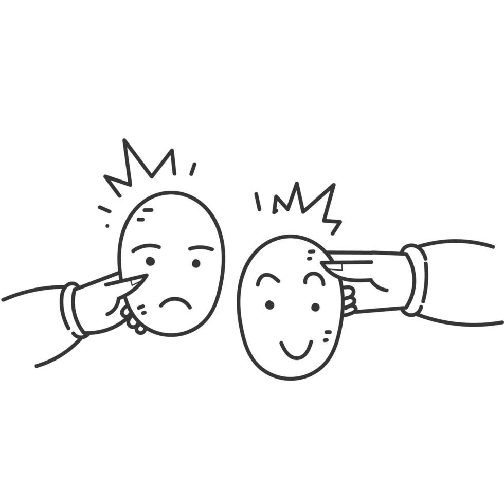 hand drawn doodle Hands holding masks with happy and sad faces illustration vector