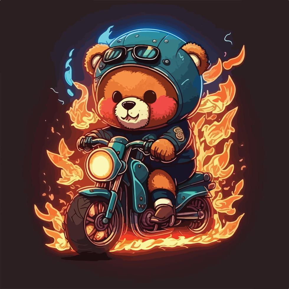 cute illustration of a bear riding a motorbike with a burning fire vector