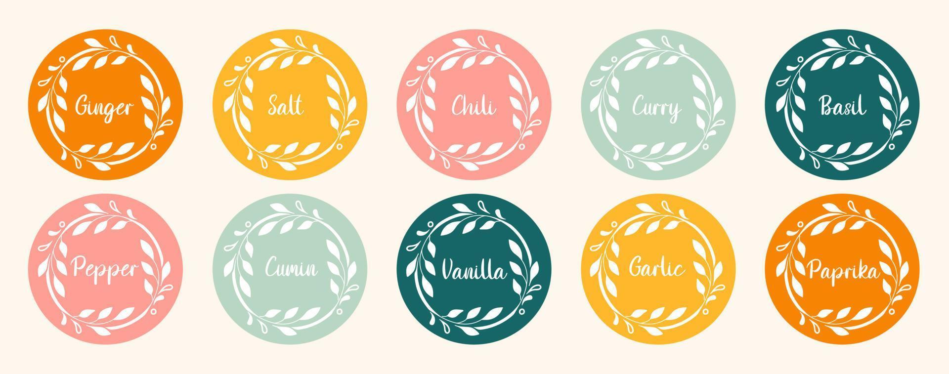 Labels with different seasonings for the organizer jars. Spice stickers for the pantry. Stickers for marking kitchen food containers. Kitchen organization. vector