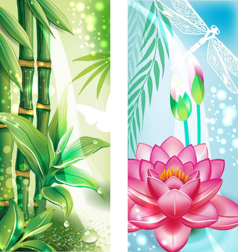 vertical pancartas con bambú y loto vector