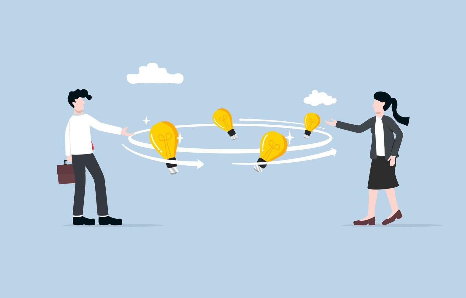 Sharing ideas or knowledge in workplace, transfer experience between colleagues, exchange perspective concept, Colleagues having convesation with idea light bulbs spinning between them. vector