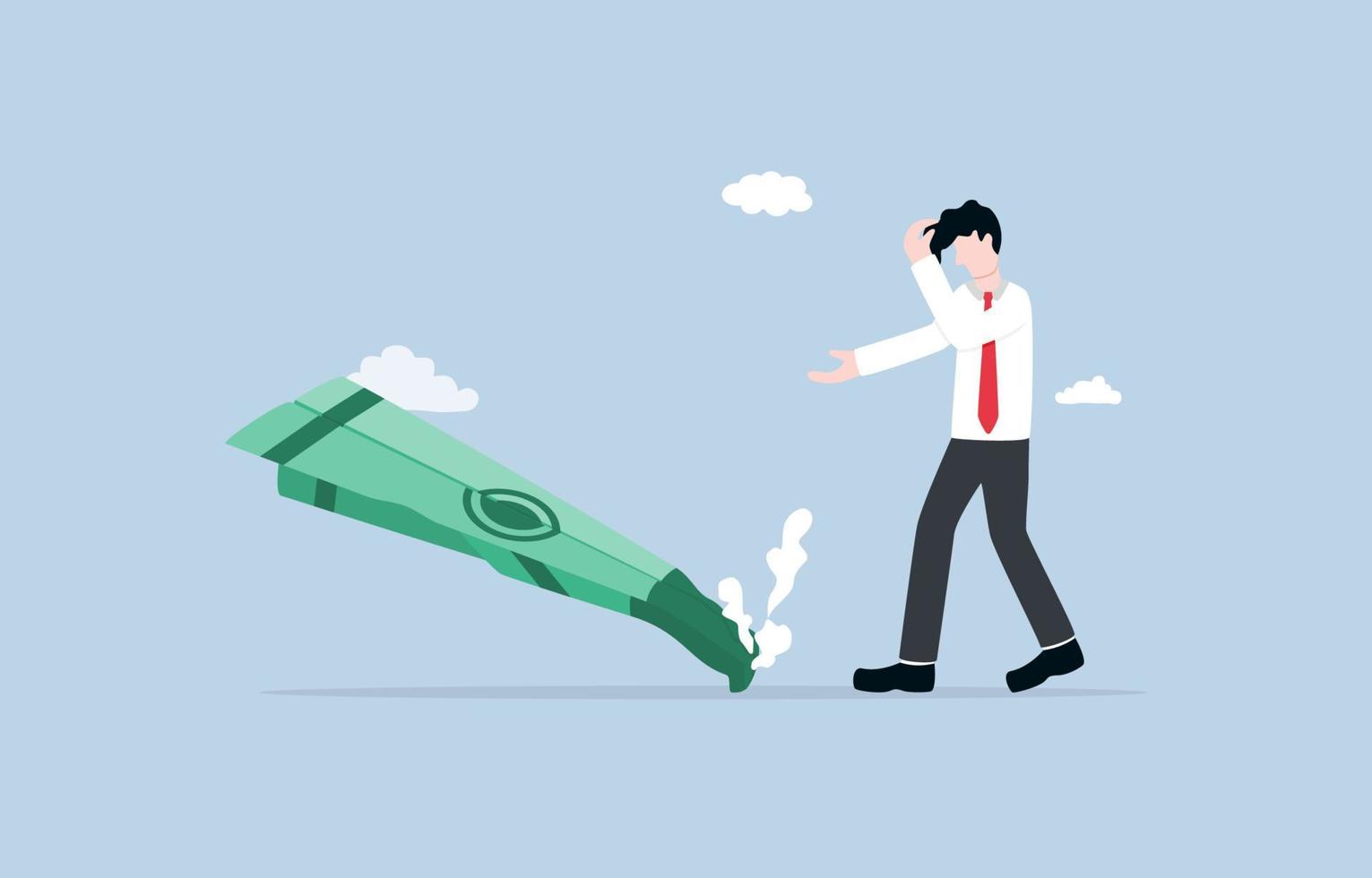 Loss of money due to market downturn, poor decision making, lack of diversification, or unforseen event, failed business concept, Sad businessman with paper plane of banknote accident. vector