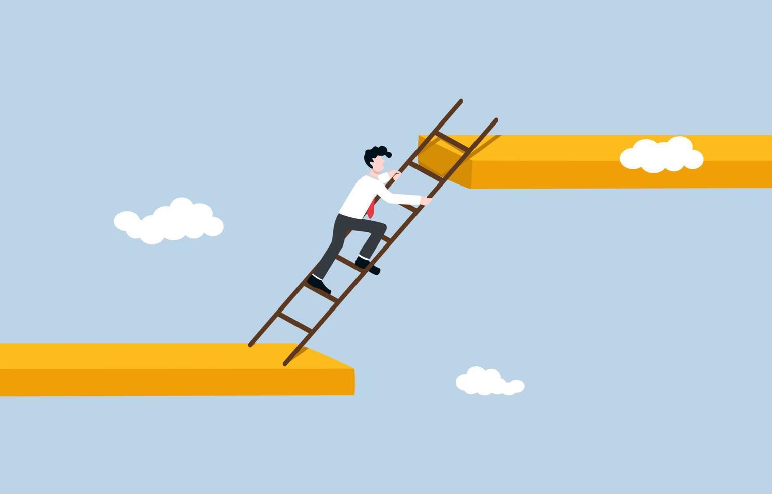 Ladder to higher level path, aspiration to reach new goal, step to more difficult business challenge, courage and progress concept, Businessman climbing ladder to higher path. vector