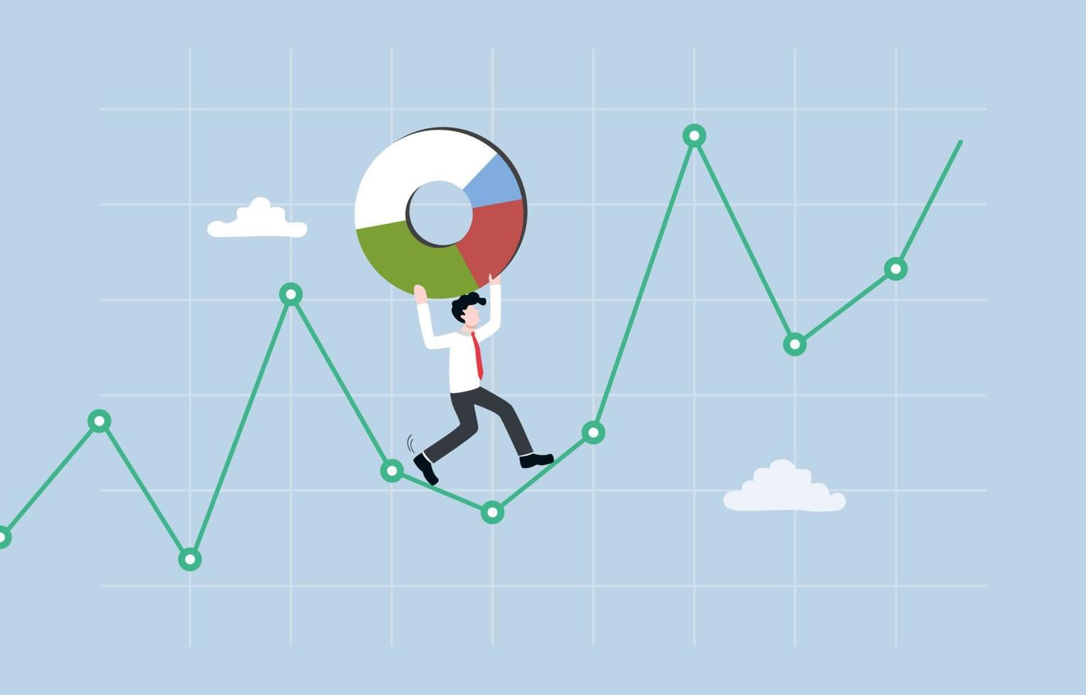 riesgo gestión, activo asignación y financiero estrategia en contra inversión volatilidad o fluctuación, portafolio proteccion concepto, empresario que lleva tarta gráfico a caminar a lo largo inversión grafico. vector