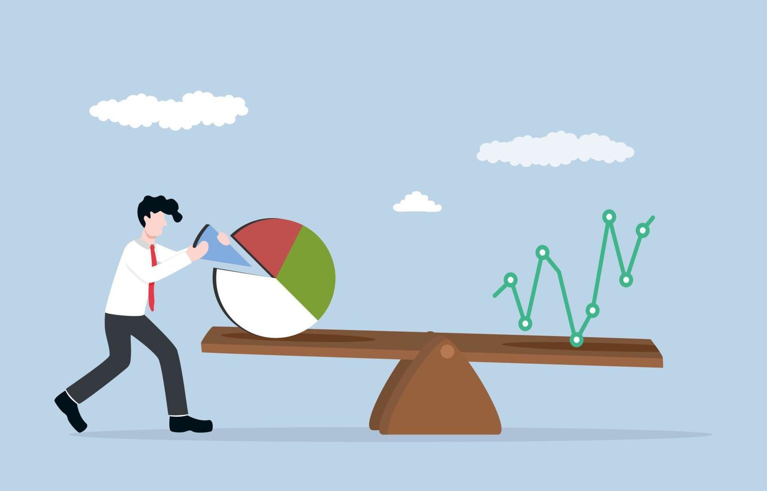 Portfolio rebalancing, readjusting allocation of  assets, maintaining level of risk and return, investment goal concept, Businessman readjusting investment pie chart to balance with graph on seesaw. vector