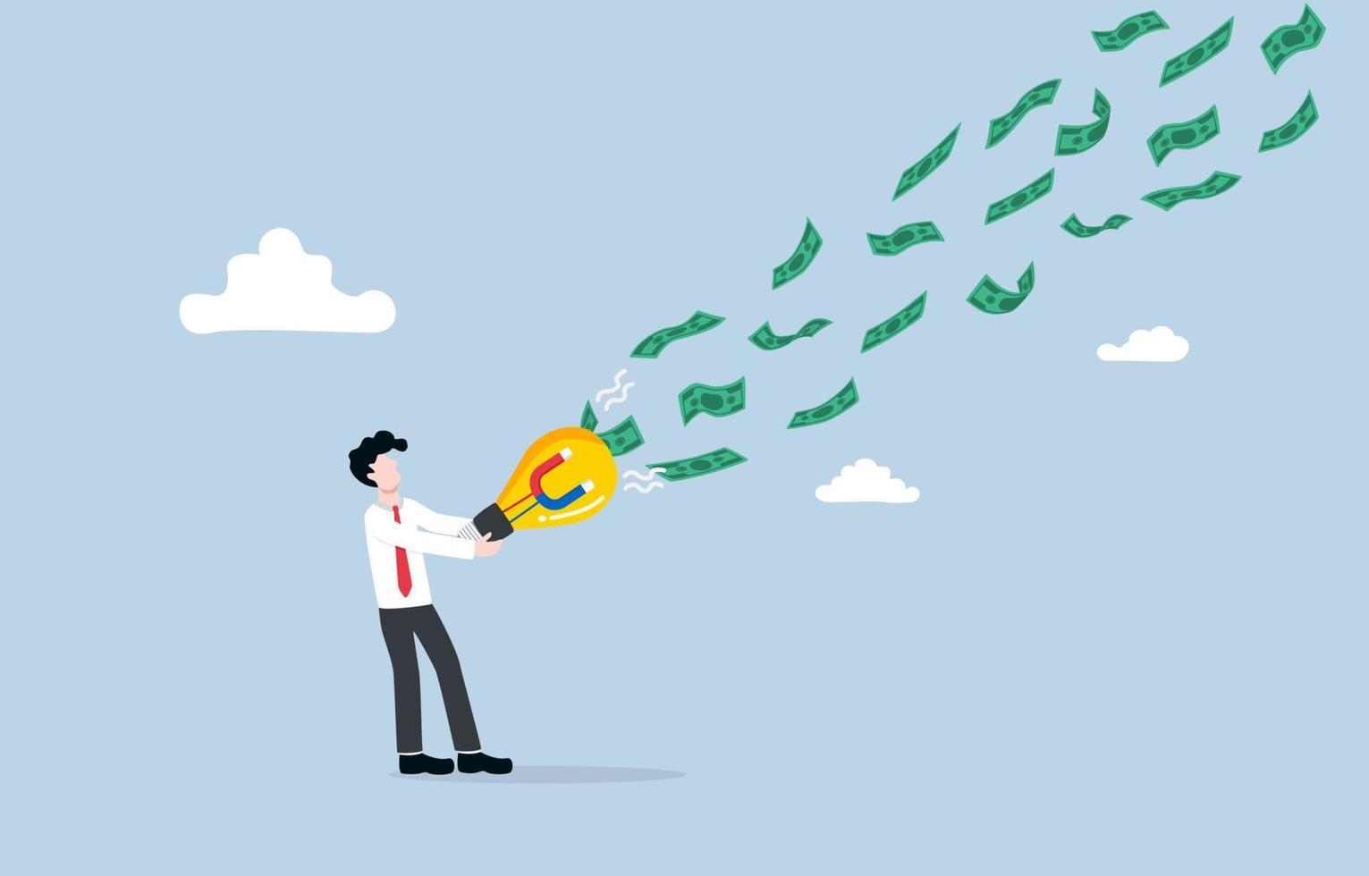 Money attraction with creative idea, building business opportunity for growing wealth, marketing strategy concept, Businessman using light bulb with magnet inside to attract to retrieve banknotes. vector