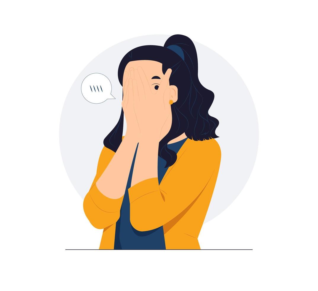 Timid woman hiding behind her shirt covering face with hand and peeking through, embarrassing, feeling sorry, shying concept illustration vector