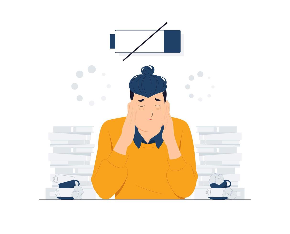 Frustrated, tired businessman after work, touching his head, feeling absolutely stress and exhausted because of overwork, Deadline, Tiredness concept illustration vector