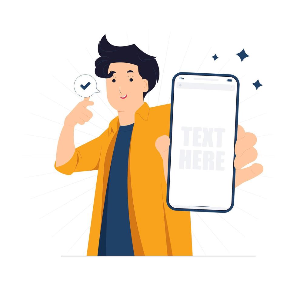 Excited man showing blank empty mobile smart phone with copy space and pointing his index finger on it concept illustration vector