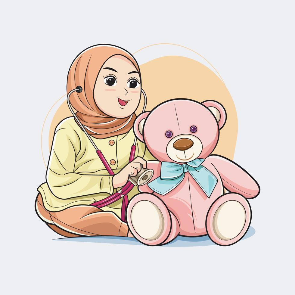Cute hijab kid girl playing doctor with toy teddy bear vector illustration free download