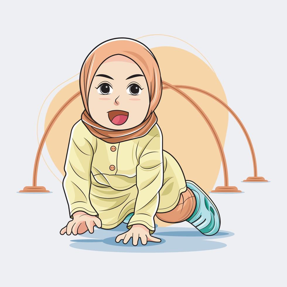 Cute hijab baby girl crawling on the floor vector illustration free download