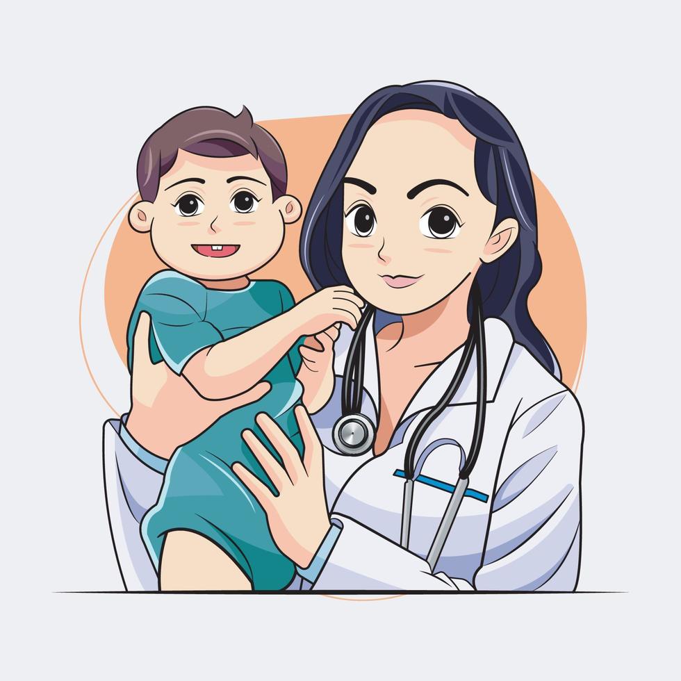 Female doctor. a doctor holding a baby on the hands vector illustration pro download