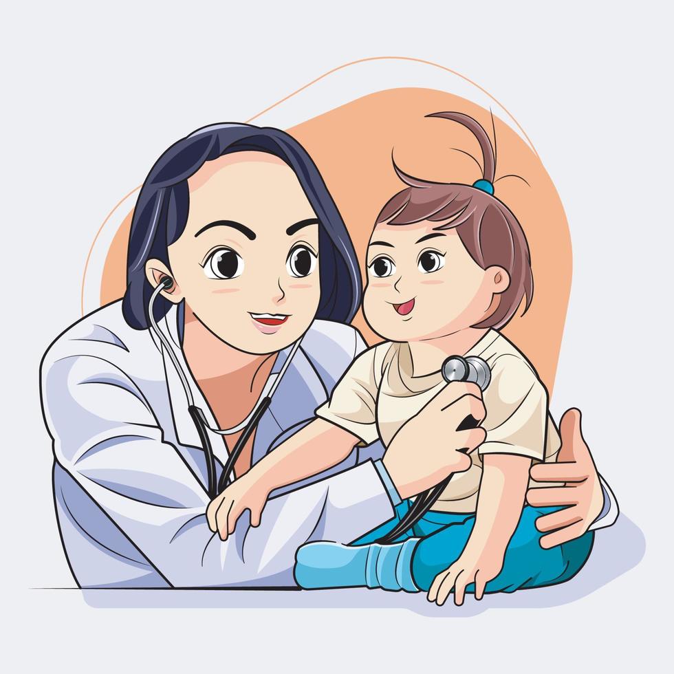 hembra doctor. un médico examinando niño niñito con estetoscopio vector ilustración Pro descargar