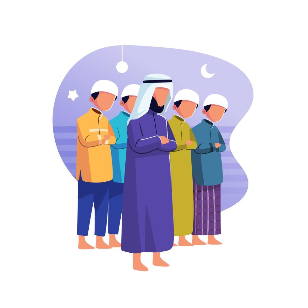 Illustration of a group of men standing in front of a blue background to offer prayers vector