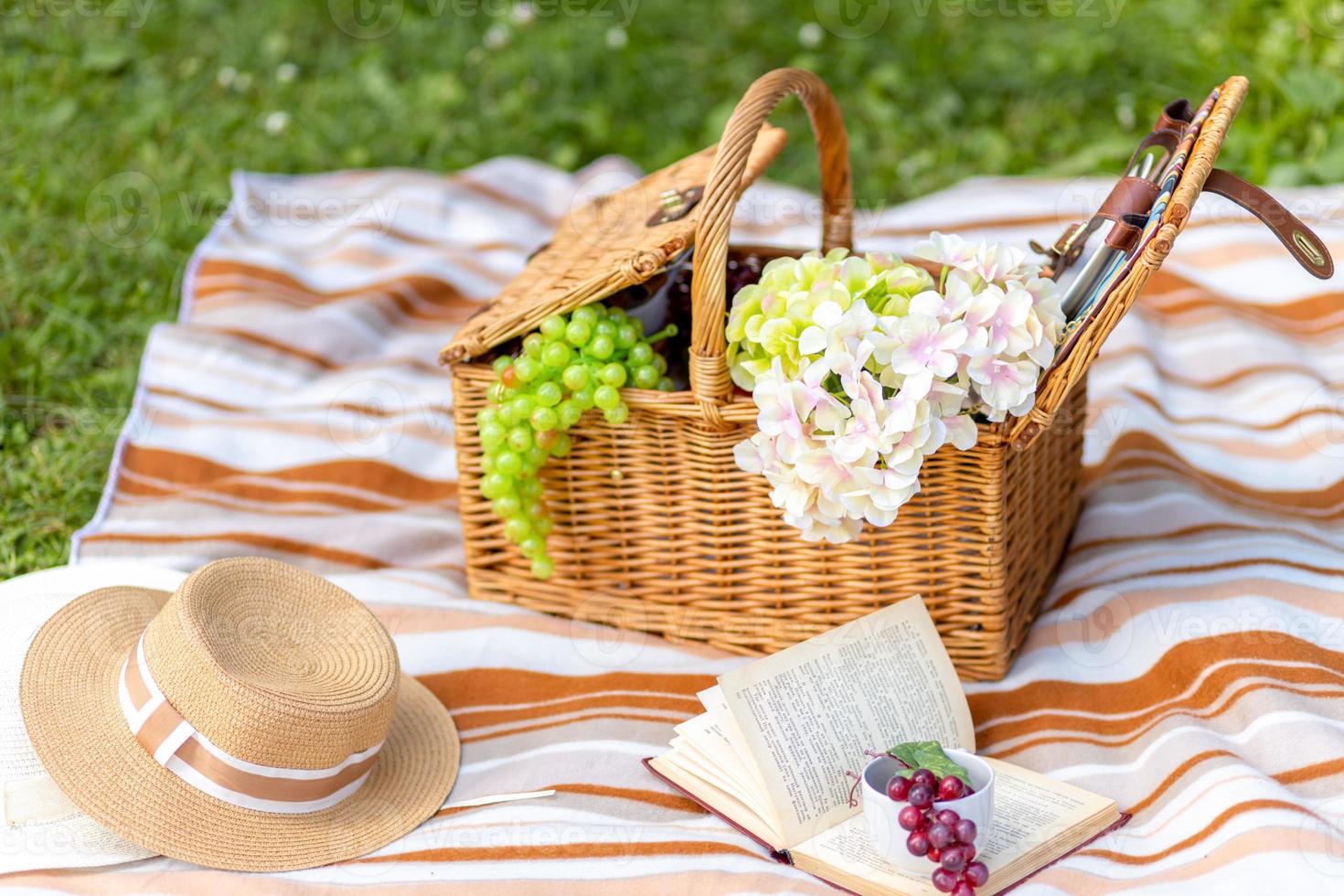 un picnic cesta en el césped con comida y bebidas en un frazada. al aire libre picnic en un campo en un soleado día foto