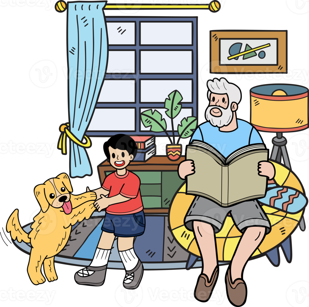 Hand Drawn Elderly reading a book with a dog illustration in doodle style png